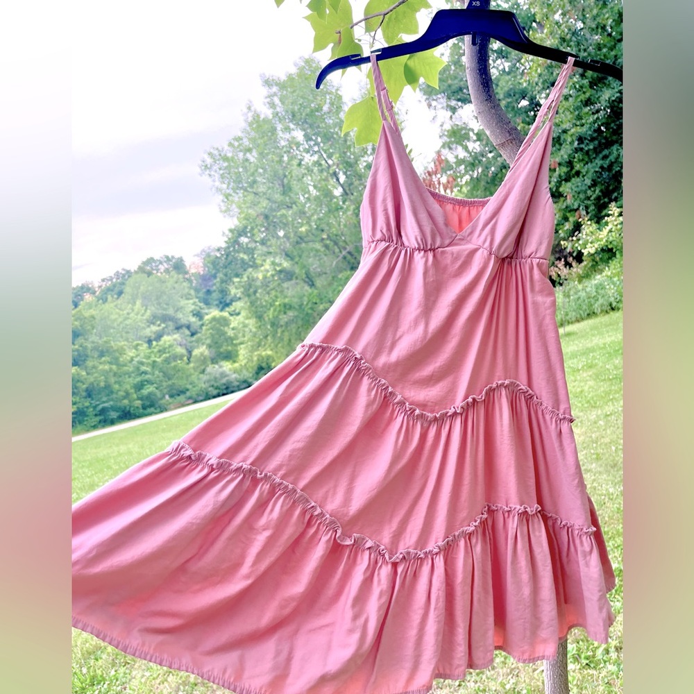 Pretty in Pink Spaghetti Strap Dress, Deep V Front, Ruffle Detail, Size S Junior